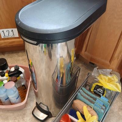 Chrome trash can double organizer with household cleaning chemicals - brushes and sponges