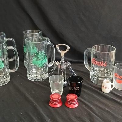 Home bar glass mugs - Coors - shot glasses - wine opener and more