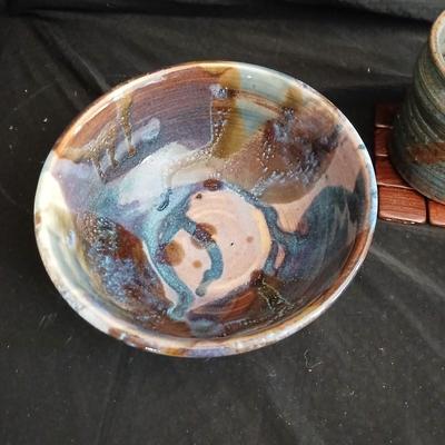 Signed pottery pieces - two bowls and a mug