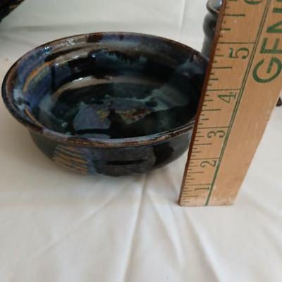 Signed pottery pieces - two bowls and a mug