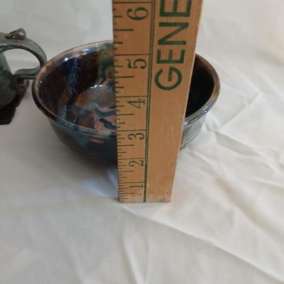 Signed pottery pieces - two bowls and a mug