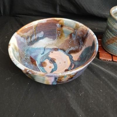 Signed pottery pieces - two bowls and a mug