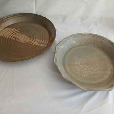 Handmade signed pottery pieces - Pie plate and platter