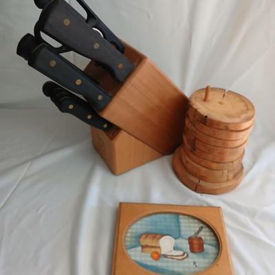 Nice Tramontana Knife set in knife block with wooden coasters and original framed artwork