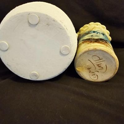 Nice Pottery handled crock with hand painted pottery vase and a small, handled dish