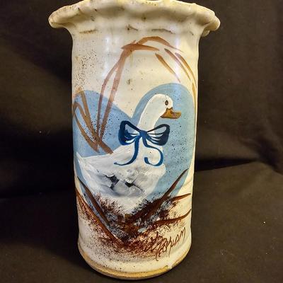 Nice Pottery handled crock with hand painted pottery vase and a small, handled dish
