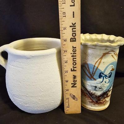 Nice Pottery handled crock with hand painted pottery vase and a small, handled dish