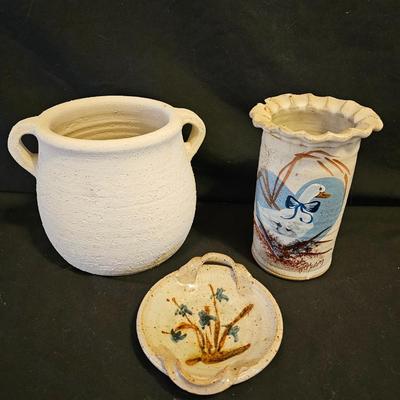 Nice Pottery handled crock with hand painted pottery vase and a small, handled dish