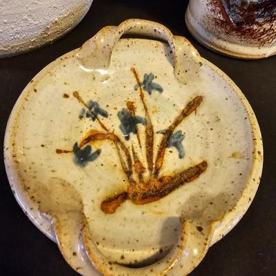 Nice Pottery handled crock with hand painted pottery vase and a small, handled dish