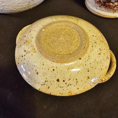 Nice Pottery handled crock with hand painted pottery vase and a small, handled dish