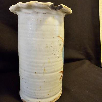 Nice Pottery handled crock with hand painted pottery vase and a small, handled dish
