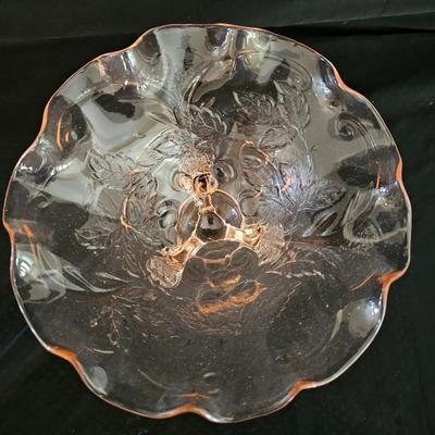 Pink depression glass fluted cherry tree pattern fruit bowl - Pink depression glass plate and a beautiful vase
