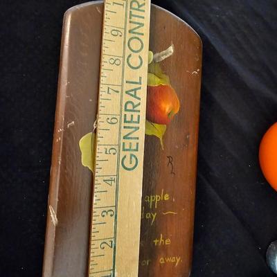 Small orange enamel sugar dish with hand painted wooden wall art, chalkware fruit and more