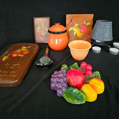 Small orange enamel sugar dish with hand painted wooden wall art, chalkware fruit and more