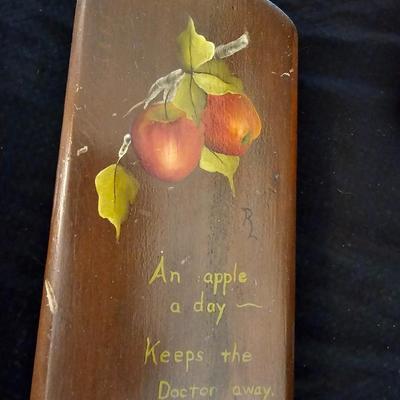 Small orange enamel sugar dish with hand painted wooden wall art, chalkware fruit and more