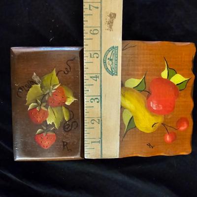 Small orange enamel sugar dish with hand painted wooden wall art, chalkware fruit and more