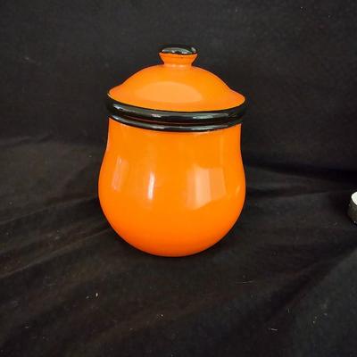 Small orange enamel sugar dish with hand painted wooden wall art, chalkware fruit and more