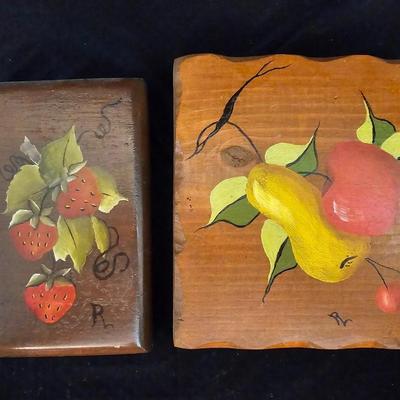 Small orange enamel sugar dish with hand painted wooden wall art, chalkware fruit and more