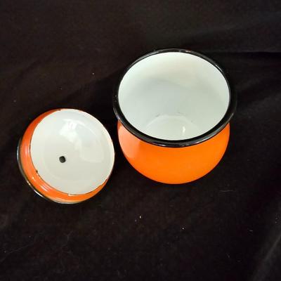 Small orange enamel sugar dish with hand painted wooden wall art, chalkware fruit and more