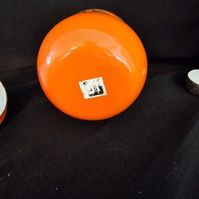 Small orange enamel sugar dish with hand painted wooden wall art, chalkware fruit and more