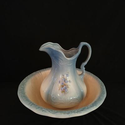 Vintage Oak Wash Basin with Mirror with Ornate Ironstone Pitcher and Bowl