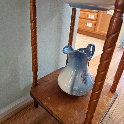 Vintage Oak Wash Basin with Mirror with Ornate Ironstone Pitcher and Bowl