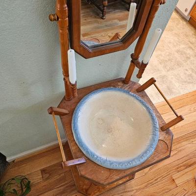 Vintage Oak Wash Basin with Mirror with Ornate Ironstone Pitcher and Bowl