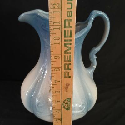 Vintage Oak Wash Basin with Mirror with Ornate Ironstone Pitcher and Bowl