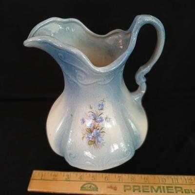 Vintage Oak Wash Basin with Mirror with Ornate Ironstone Pitcher and Bowl