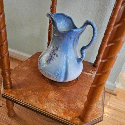Vintage Oak Wash Basin with Mirror with Ornate Ironstone Pitcher and Bowl
