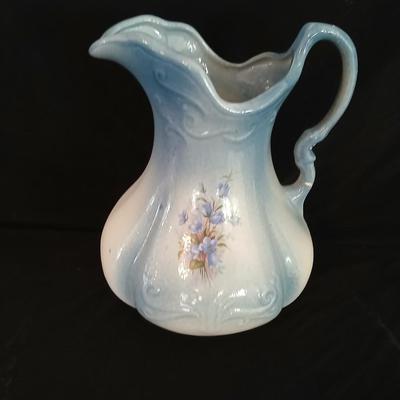 Vintage Oak Wash Basin with Mirror with Ornate Ironstone Pitcher and Bowl