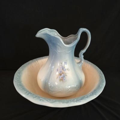 Vintage Oak Wash Basin with Mirror with Ornate Ironstone Pitcher and Bowl