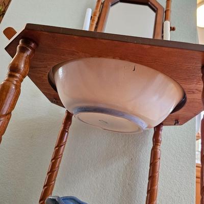 Vintage Oak Wash Basin with Mirror with Ornate Ironstone Pitcher and Bowl