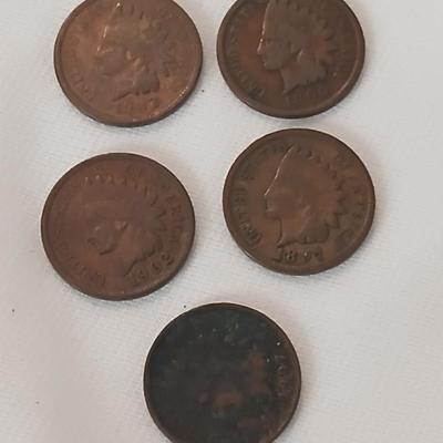 Five Indian Head Pennies 1897, 1899, 1907, 1903 & 1902