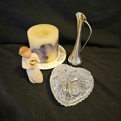 Willow Tree Angel "Keepsake" with glass dish, silver metal vase and a candle