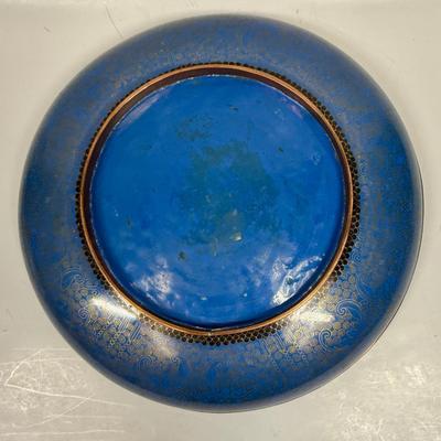 Antique Vintage Familia Rose Porcelain Enameled Copper Bowl Platter Piella Dish Navy & Gold with Peacock Bottom 17"dia.