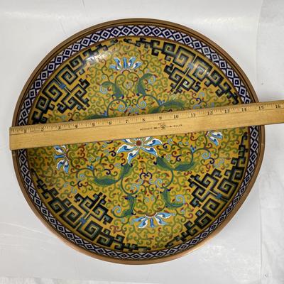 Antique Vintage Familia Rose Porcelain Enameled Copper Bowl Platter Piella Dish Navy & Gold with Peacock Bottom 17"dia.