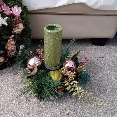 SANTA WREATH, TREE ORNAMENTS AND A CENTERPIECE