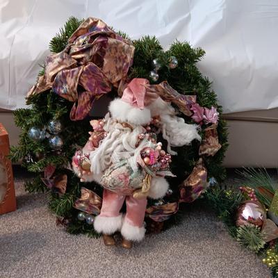 SANTA WREATH, TREE ORNAMENTS AND A CENTERPIECE