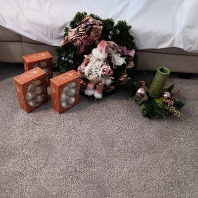 SANTA WREATH, TREE ORNAMENTS AND A CENTERPIECE
