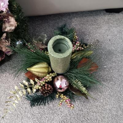SANTA WREATH, TREE ORNAMENTS AND A CENTERPIECE