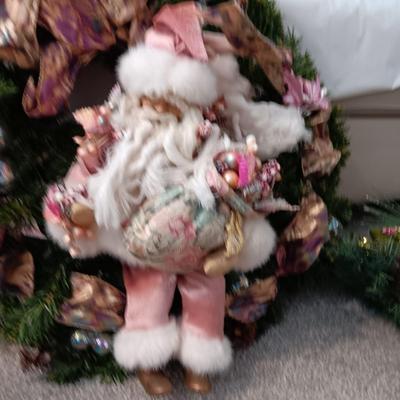 SANTA WREATH, TREE ORNAMENTS AND A CENTERPIECE