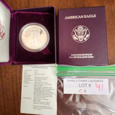 American Eagle Proof Silver Bullion Coin OGP & COA 1991 S