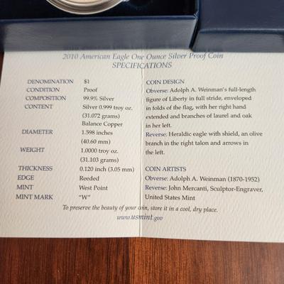 American Eagle Proof Silver Bullion Coin OGP & COA 2010 W