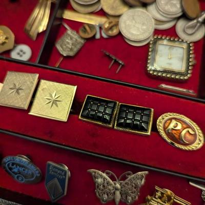 Assortment Of Lapel Pins Cuff Links Tie Clasp Foreign Money