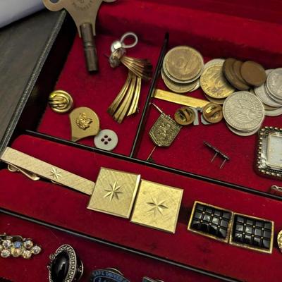 Assortment Of Lapel Pins Cuff Links Tie Clasp Foreign Money