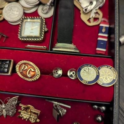 Assortment Of Lapel Pins Cuff Links Tie Clasp Foreign Money