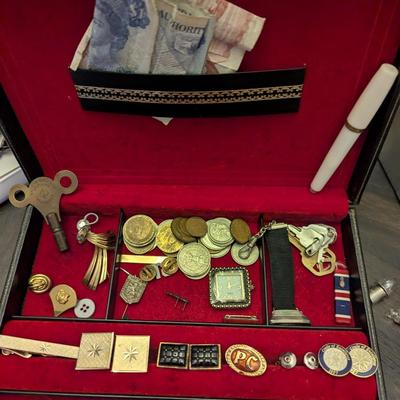Assortment Of Lapel Pins Cuff Links Tie Clasp Foreign Money
