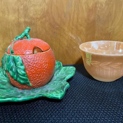 Orange jam pot & 1 Peach Lustre cup