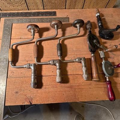 Vintage hand brace drills, hand crank drills with 2 squares